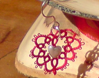 Tatted lace and bead Heart Earrings I Heart U red and silver