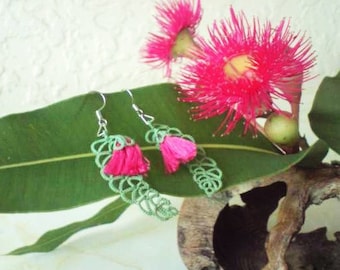 Tatted leaf and flower earrings, green and hot pink "Rosy Ironbark"