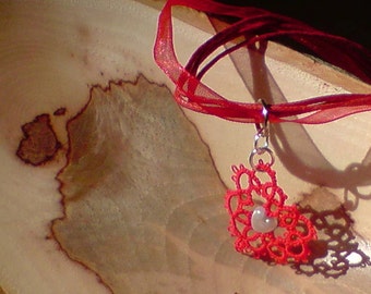 Tatted lace and beaded heart necklace I Heart U red and silver