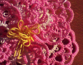 Tatted Wild Rose Brooch pink and white