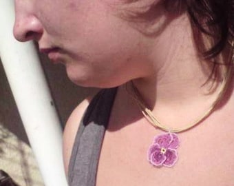 Tatted lace purple pansy necklace Pansies for thoughts
