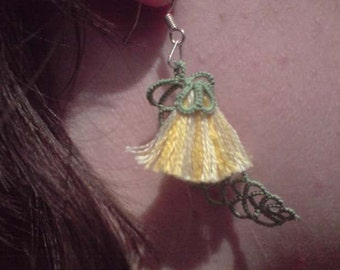 Tatted lace leaf and flower earrings yellow and green "Australian Gum Tree"