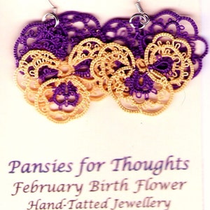 Tatted lace earrings purple yellow Pansies For Thoughts image 4