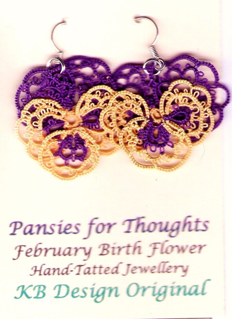 Tatted lace earrings purple yellow Pansies For Thoughts image 4