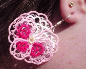 Pretty Pink Pansy Posy tatted flower earrings pink and white