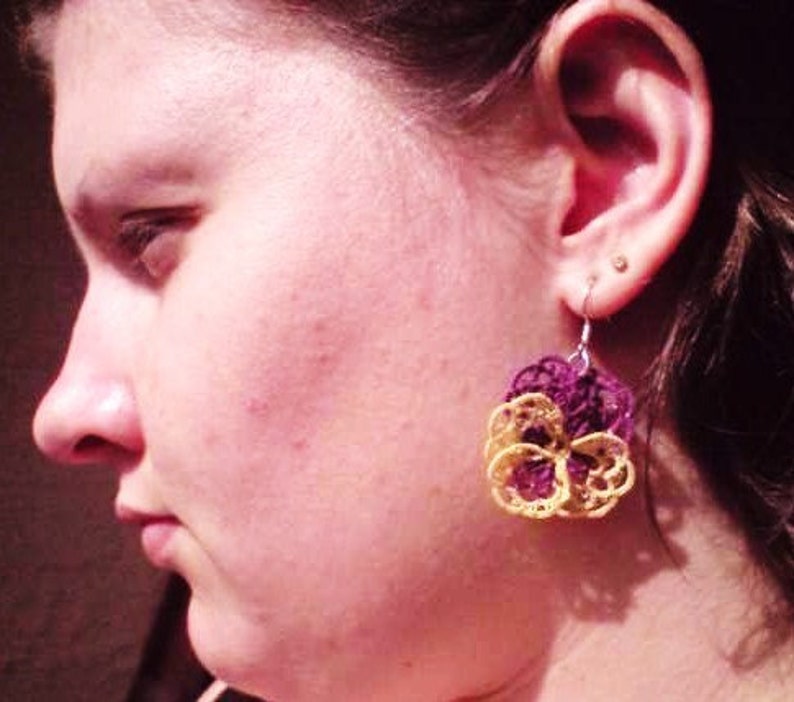 Tatted lace earrings purple yellow Pansies For Thoughts image 3