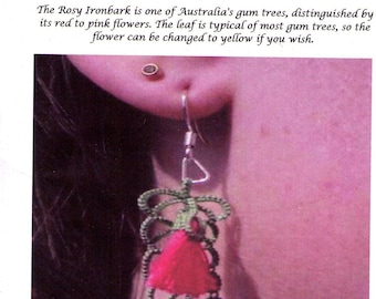 Tatting Pattern Rosy Ironbark Earrings leaf and 3-D blossom