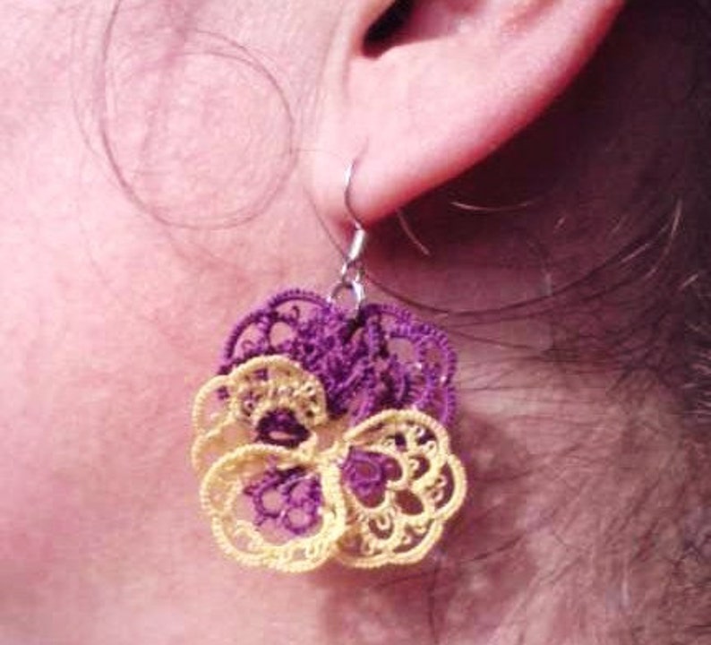 Tatted lace earrings purple yellow Pansies For Thoughts image 2