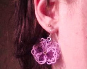 Tatted lace earrings lavender Pansies For Thoughts