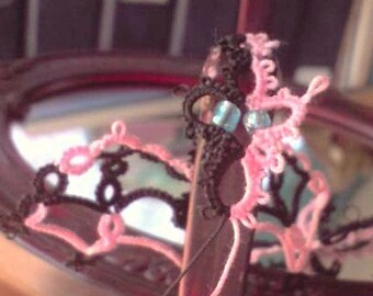 Tatted lace dragon pink and black bookmark or decorative motif "Cassandra's Lace Dragon"