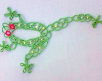 tatted lace and beaded frog brooch "Being Green"