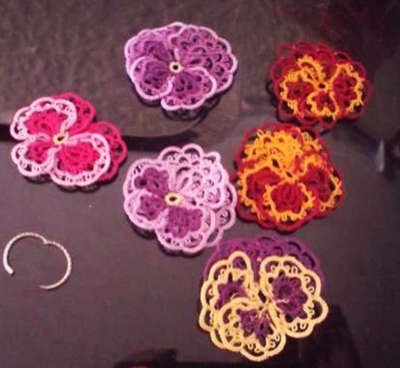 Tatted lace earrings purple yellow Pansies For Thoughts image 5