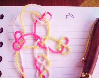 Tatted lace celtic knotwork cross, pink yellow white varigated cotton Cross of Love