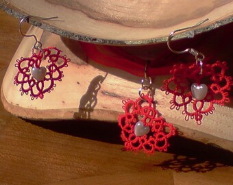 Tatted lace Heart earrings and necklace set red and silver I Heart U