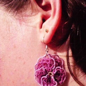 Tatted lace purple pansy earrings Pansies for Thoughts, dark purple