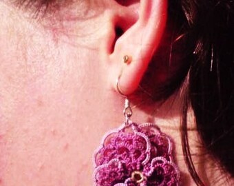 Tatted lace purple pansy earrings Pansies for Thoughts, dark purple