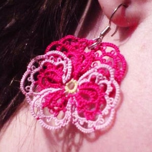 Tatted lace earrings, mauve and pink Pansies for thoughts