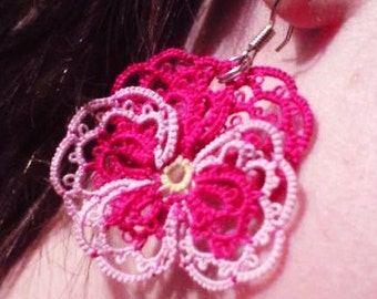 Tatted lace earrings, mauve and pink Pansies for thoughts