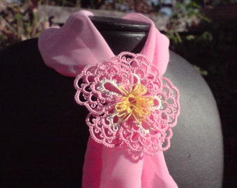 Tatted Wild Rose scarf ring pink and white