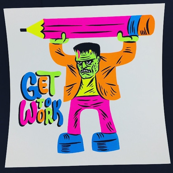 May include: A green monster character with a pink and orange jacket, holding a large pink pencil above its head. The text "GET TO WORK" is written in colorful letters on the left side of the image.