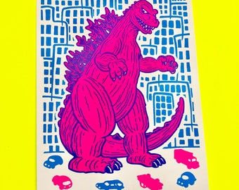 Lil Pink Godzilla screen print