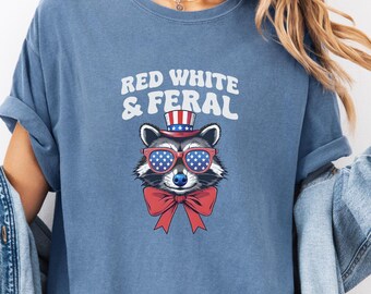 Chemise rouge, blanche et sauvage, 4 juillet drôle, chemise américaine Coquette, t-shirts raton laveur, chemise américaine rétro, couleurs confortables, chemise estivale meme