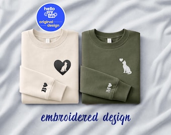 Op maat geborduurd bijpassende sweater voor koppels, hoodie met hart en kat, initiaal met hart op mouw Verjaardag Valentijnsdagcadeau Kattenliefhebber