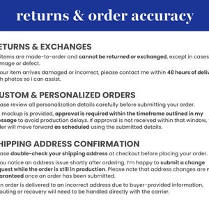 Op de afbeelding: Een marineblauwe afbeelding met de tekst "returns & order accuracy". De tekst is verdeeld in drie secties: Retourneren & Ruilen, Aangepaste & Gepersonaliseerde bestellingen en Bevestiging van verzendadres. Elke sectie heeft een korte beschrijving.