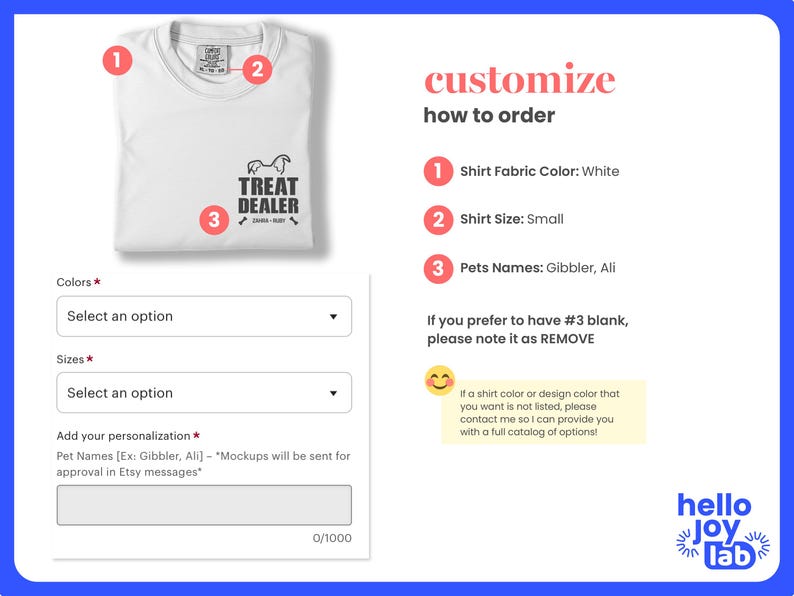 K&ouml;nnte beinhalten: Gefaltetes wei&szlig;es T-Shirt mit dem Text &bdquo;TREAT DEALER&ldquo; und einer Hunde-Silhouette. Anpassungsoptionen f&uuml;r Farbe, Gr&ouml;&szlig;e und Tiernamen. Die T-Shirt-Gr&ouml;&szlig;e ist klein.
