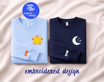 Op maat geborduurd sweatshirt voor bijpassende paren met zon en maan, initiaal met hart op mouw hoodie, 1e verjaardag Valentijnsdag