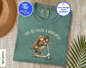 Comfort Colors Off to Cause a Kerfuffle Monkey Punch Scooter Shirt, Baby Monkey Holding Plush Toy T-Shirt, Viral Sad Monkey Meme Graphic Tee
