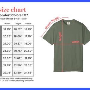 K&ouml;nnte beinhalten: Olivgr&uuml;nes Unisex-T-Shirt Comfort Colors 1717. Das Bild enth&auml;lt eine Gr&ouml;&szlig;entabelle mit Ma&szlig;en in Zoll f&uuml;r Breite, L&auml;nge und &Auml;rmell&auml;nge, von Gr&ouml;&szlig;e S bis 4XL. Die Tabelle enth&auml;lt auch den Text "size chart".