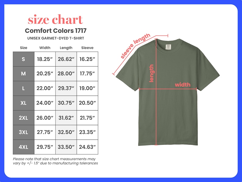 K&ouml;nnte beinhalten: Olivgr&uuml;nes Unisex-T-Shirt Comfort Colors 1717. Das Bild enth&auml;lt eine Gr&ouml;&szlig;entabelle mit Ma&szlig;en in Zoll f&uuml;r Breite, L&auml;nge und &Auml;rmell&auml;nge, von Gr&ouml;&szlig;e S bis 4XL. Die Tabelle enth&auml;lt auch den Text "size chart".