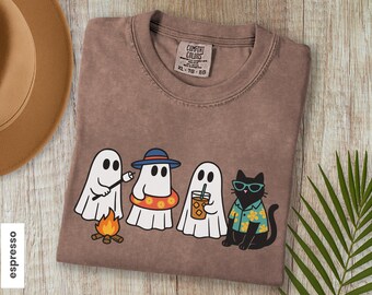Comfort Colors Summerween Ghost Shirt, Funny Ghost Beach Shirt Halloween Beach Iced Coffee, Summer Halloween Shirt, Black Cat Spooky Season