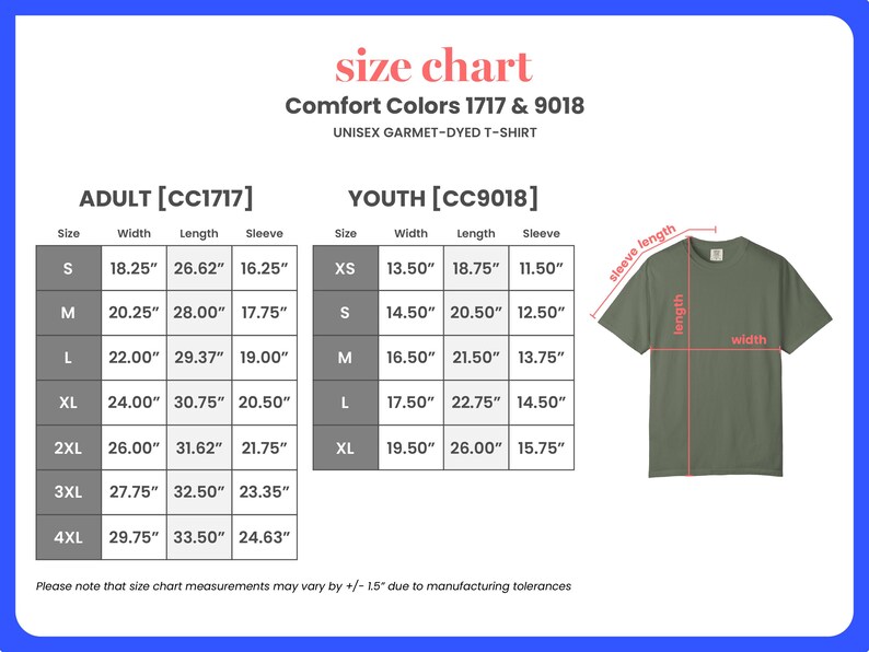 Op de afbeelding: Een maattabel voor Comfort Colors 1717 & 9018 unisex garment-dyed t-shirts. De tabel bevat maten voor volwassenen en jeugd, met afmetingen in cm voor breedte, lengte en mouwlengte. Een groene t-shirt grafiek illustreert de meetpunten.