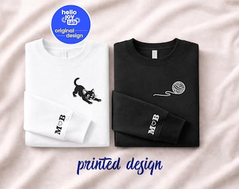 Aangepaste kat en garen bijpassende sweater voor koppels, initiaal met hart op mouw hoodie, 1e verjaardag Valentijnsdag cadeau kattenliefhebber