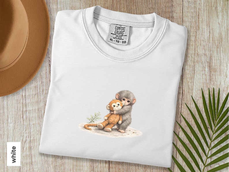 Monkey Punch Comfort Colors T-shirt, T-shirt met babyaapje dat een knuffel vasthoudt, cadeau voor dierenliefhebbers, virale meme van een verdrietig aapje, grafisch T-shirt voor mama en kind. White