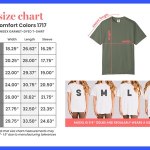 以下が含まれることがあります： Comfort Colors 1717ユニセックスガーメントダイTシャツのサイズチャート。Sから4XLまでのサイズについて、幅、長さ、袖丈の測定値をcmで示しています。オリーブグリーンのTシャツが測定ラベルとともに表示されています。4人のモデルが白いTシャツを着ています。