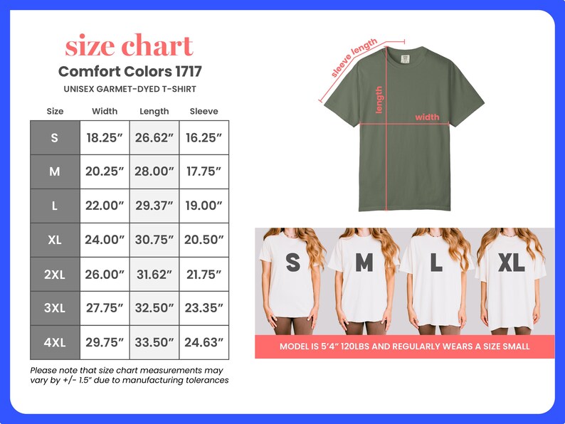 以下が含まれることがあります： Comfort Colors 1717ユニセックスガーメントダイTシャツのサイズチャート。Sから4XLまでのサイズについて、幅、長さ、袖丈の測定値をcmで示しています。オリーブグリーンのTシャツが測定ラベルとともに表示されています。4人のモデルが白いTシャツを着ています。