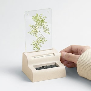 May include: A beige decorative piece with a clear acrylic panel displaying a green plant. The base has a small compartment with black granules and the text "My choices are not wrong."