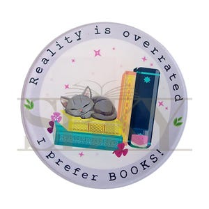 Reality Is Overrated Bookish Coaster, Cute Cat and Books Mug Mat, Cozy Gift for Readers and Cat Lovers