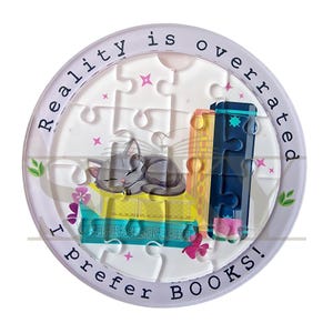 Reality Is Overrated Puzzle Coaster, Cat and Books Bookish Mug Mat, Fun Gift for Readers, SBKY Bookish Accessories