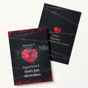 Biglietto d'amore con bandiere rosse, umorismo dark romance, biglietto gotico libresco, esclusiva SBKY
