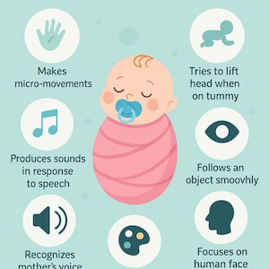 Grafiek met mijlpalen van 1 maand oude baby – afdrukbare ontwikkelingstracker – pastel babykamerdecoratie – poster vaardigheden pasgeboren baby – MamaJoy