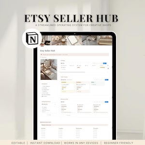 May include: A digital tablet displaying the "Etsy Seller Hub" interface. The screen shows a dashboard with listings, task trackers, and revenue goals. The text "ETSY SELLER HUB" and "A STREAMLINED OPERATING SYSTEM FOR CREATIVE SHOPS" are at the top.