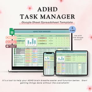 Op de afbeelding: Een ADHD Task Manager Google Sheet Spreadsheet Template weergegeven op een laptop, tablet en smartphone. De schermen tonen een spreadsheet met grafieken en gegevens. De afbeelding bevat de tekst "ADHD TASK MANAGER" en "3 TABS".
