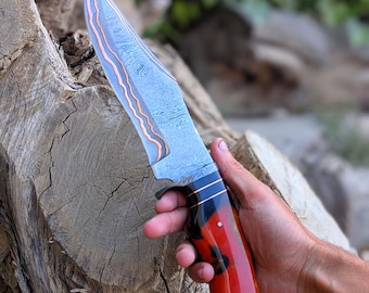 Handmade Damascus Hunting Knife | San Mai CuMai Blade, Red Resin Handle