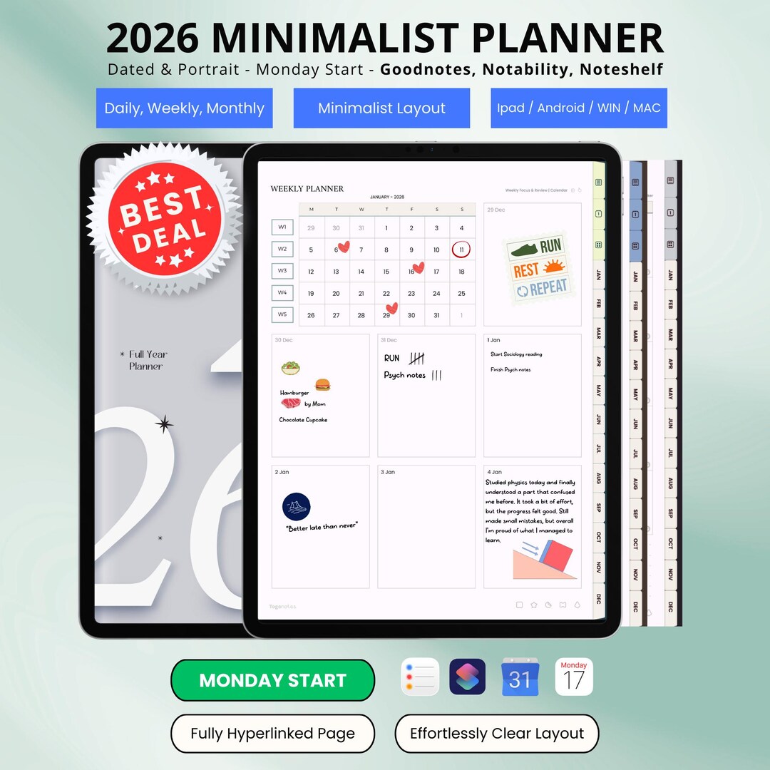 2026 Digital Planner | Monday Start | Minimalist Planner | Daily ...