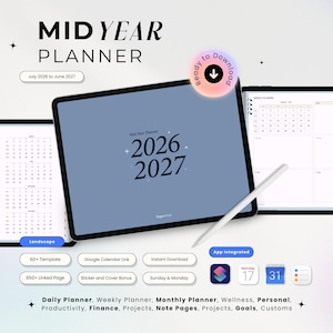 Minimalist Mid-Year 2026-2027 Digital Planner | Hyperlinked calendar Landscape Goodnotes PDF | July Start (Digital Download)