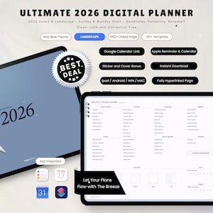 Pode incluir: Planeador digital para 2026, com tema azul nevoeiro e layout paisagem. A imagem mostra um tablet com o ano de 2026 e um segundo tablet com detalhes do planeador. Inclui link para o Google Calendar e download instantâneo.